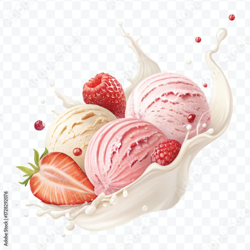 realistic creamy vanilla and strawberry ice cream scoops with milk splash in different style isolated on transparent background