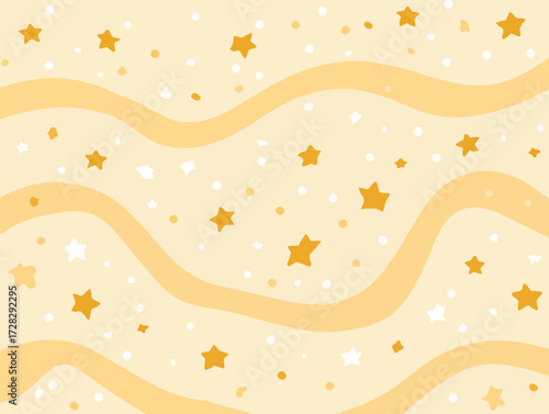 輝く星々と柔らかな波線が描く、夢のような黄色い背景のベクターイラストレーション。