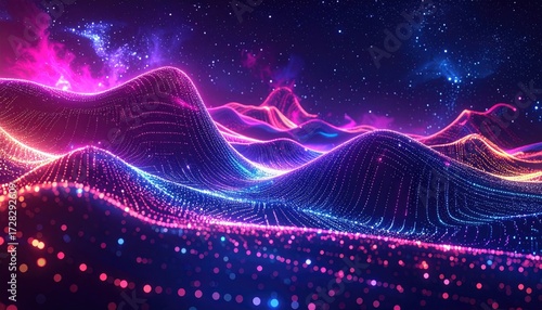 Wallpaper Mural A vibrant landscape of glowing, interconnected points creates a mesmerizing, otherworldly scene under a starlit sky. Torontodigital.ca