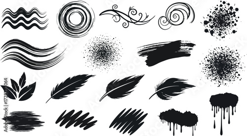 Vector art of set of black abstract graphic elements and brush strokes