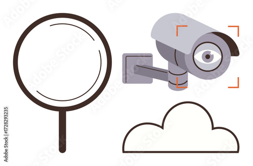 Magnifying glass, cloud outline, security camera with focus marks. Ideal for privacy, surveillance, data storage, online security, technology monitoring and analysis concepts. Simple flat metaphor