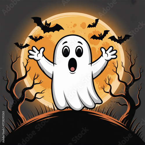 Dark Halloween night illustration with scary bats, spooky pumpkins, and a black cat silhouette by a crooked tree in a misty cemetery