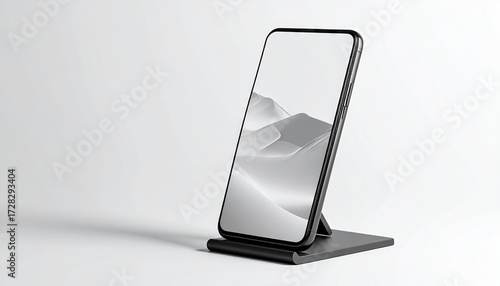 Wallpaper Mural Modern smartphone on a simple, adjustable stand, showcasing a grayscale abstract design on the display. Torontodigital.ca