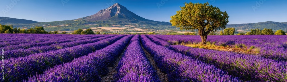 Fototapeta premium Breathtaking aerial view of vibrant purple lavender fields stretching across rolling hills with mountain backdrop and solitary tree on sunny day
