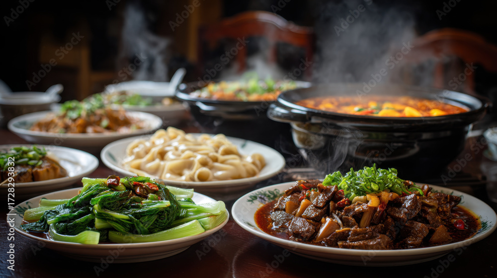 Fototapeta premium Steaming plates of traditional Chinese cuisine featuring braised meat, fresh green vegetables, thick noodles, and rich flavorful soups served on wooden table creating warm inviting atmosphere