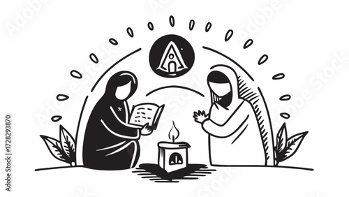 Two figures praying beside a candle under an arch with a symbol and raindrops above them all on transparent background silhouette