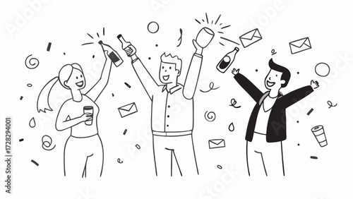 Three people celebrating with drinks and confetti in a black and white line drawing illustration style on transparent background silhouette