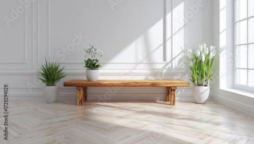 A light-filled room with a wooden bench and white flowers, showcasing a serene and bright interior design.
