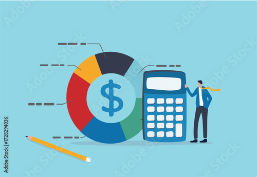 Cost structure, expense and income balance calculation, revenue, debt and investment analysis, money management, budget or saving concept, businessman with calculator with pie chart of cost structure.