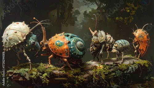 Wallpaper Mural Ornate insects, colorful and detailed, are displayed on a mossy log in a dark, forest-like setting. Torontodigital.ca