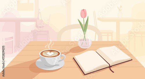 Cozy Morning Scene Coffee, Tulip, and Journal on a Wooden Table, Embracing a Relaxed Lifestyle