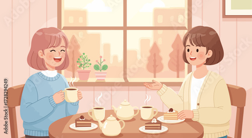 Two happy young women enjoying a delightful afternoon chat over tea and cake in a cozy, sunlit cafe