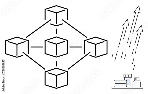 Connected cubes representing blockchain network, upward arrows symbolizing growth and progress, medicine bottles for healthcare, ideal for technology, innovation, healthcare, finance, data, progress