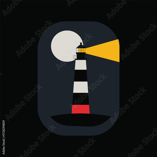 Minimal flat vector illustration of a lighthouse at night with moon and light beam. Perfect for navigation, sea safety, marine theme, and coastal design projects.