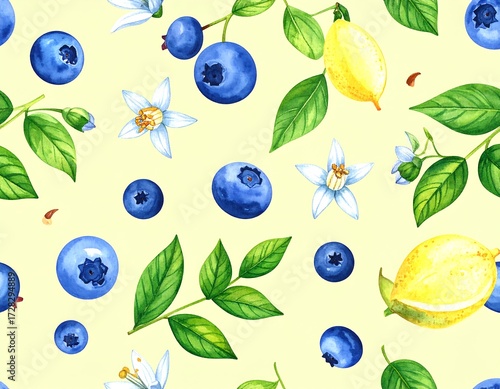 Watercolor pattern of blueberries, lemons, flowers, and leaves on a pale yellow background