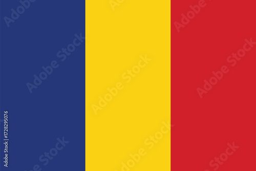 Flag of Romania with vertical bands of blue, yellow, and red.