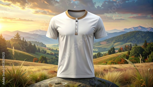Wallpaper Mural A crisp, off-white polo shirt with a subtle tan collar and button placket is showcased against a backdrop of a beautiful autumnal landscape featuring rolling hills, lush forests, and a golden sunset. Torontodigital.ca