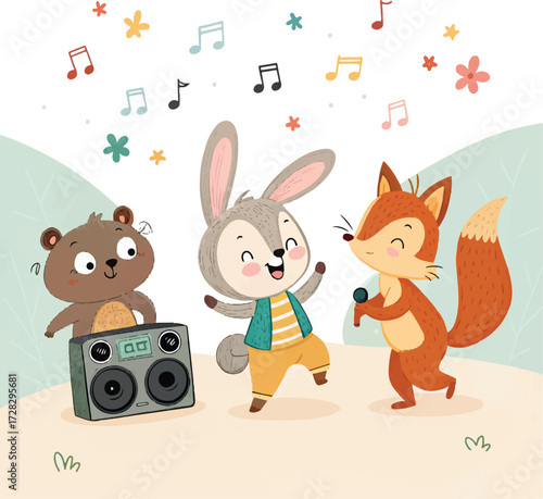Cute animals singing and dancing with music notes in a playful forest scene