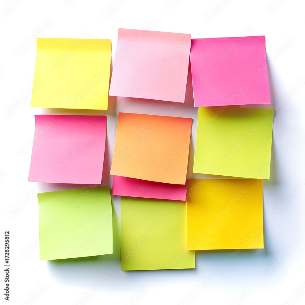 Fototapeta premium Nine Colorful Sticky Notes Arranged in a Grid on White