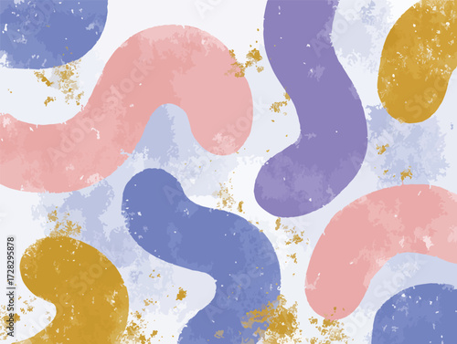 柔らかな水彩風の曲線と金色の粒子が織りなす、抽象的でアートな背景デザイン。