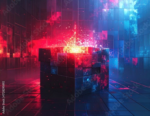 Wallpaper Mural A large, box-like structure composed of small, clustered cubes glows with vibrant red and blue light effects, showcasing an explosion of color and energy within its interior. Torontodigital.ca