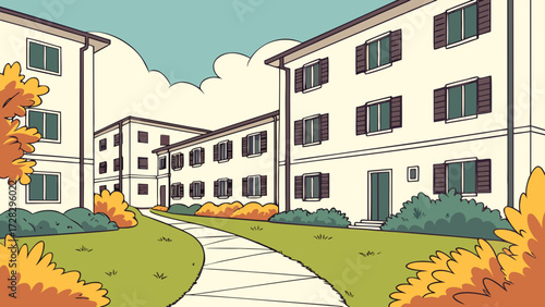 Apartment buildings with a winding path and autumn foliage