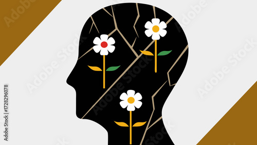 Silhouette of a head with cracks and flowers growing inside against a white background with gold accents on transparent background