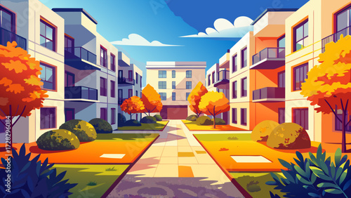Modern apartment buildings with autumn trees and blue sky