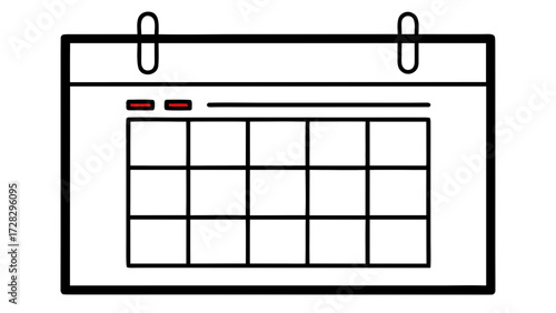 Illustration of a calendar with grid and two clips holding it together on the top edge of the frame on transparent background silhouette