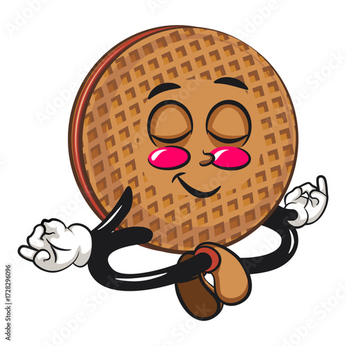 funny stroopwafel mascot character cute round waffle vector illustration meditating, work of hand drawn