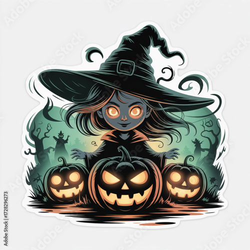 Spooky Witch and Pumpkins: An illustration of a little witch standing in front of three jack-o'-lanterns, set against a mystical backdrop, embodies the eerie essence of Halloween.