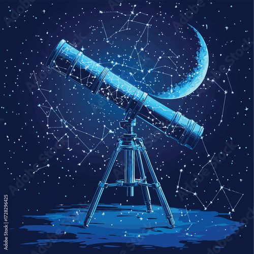Telescope with star map under night sky and crescent moon background showcasing astronomy and science exploration concept in creative light style
