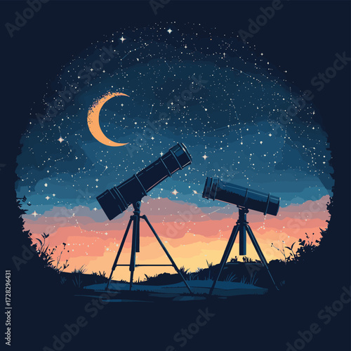 Telescope with star map under night sky and crescent moon background showcasing astronomy and science exploration concept in creative light style
