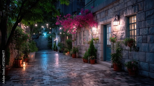 Stone Alleyway at Night Cinematic HDR with Pink Bougainvillea and Glowing Lights