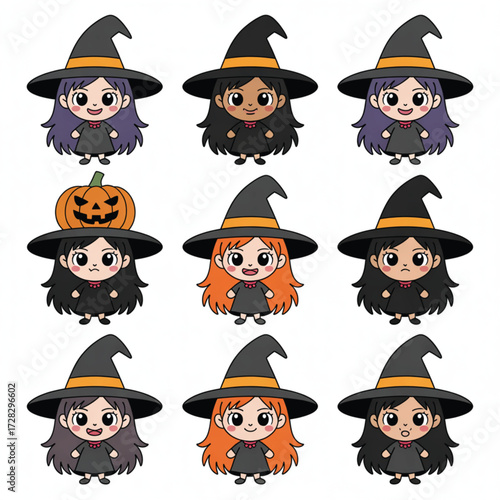 Enchanting Witch Characters: A collection of charming cartoon witch characters, each adorned with a whimsical hat and an array of expressions.