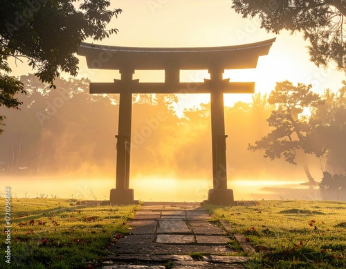 Wallpaper Mural Sunrise illuminates a serene torii gate over a misty landscape, bathed in golden hues. Torontodigital.ca