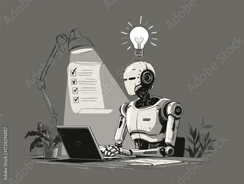 ロボットがランプの光の下でノートパソコンを操作し、アイデアを思いつく様子