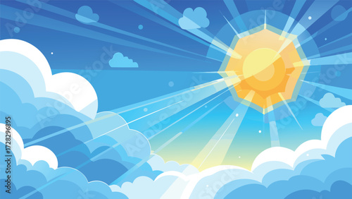 Colorful anime illustration depicting the sun shining brightly in a vibrant blue sky, symbolizing joy and energy..eps