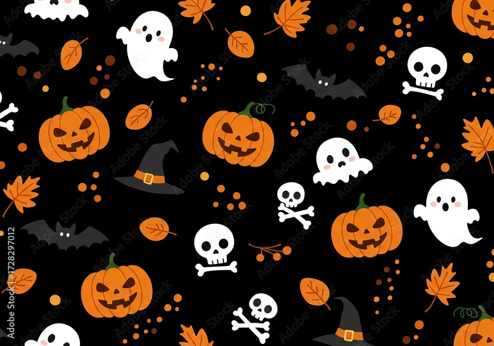 Fototapeta premium Halloween Seamless Pattern with Ghosts Pumpkins Bats and Skulls.