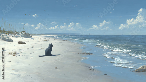 A seaside scene of a Russian Blue cat enthralled in its beachside journey (2)