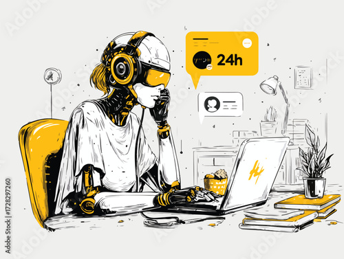 AIアシスタントが24時間体制で顧客サービスを提供する近未来のオフィス風景