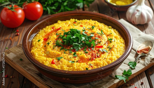 Wallpaper Mural A vibrant, golden yellow polenta dish, garnished with fresh parsley and aromatic spices, is served in a rustic brown bowl. Torontodigital.ca