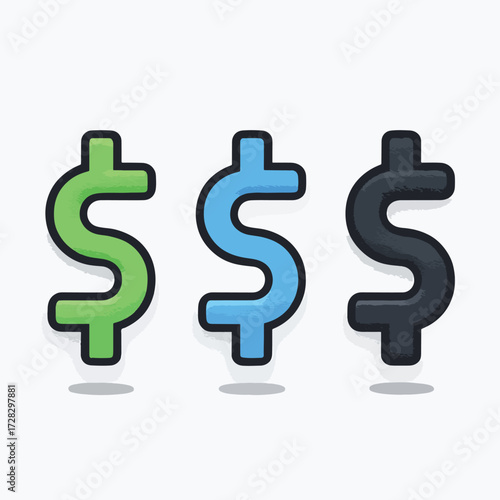 様々な色のドル記号が並び、通貨や経済の概念を表現するベクターイラスト。