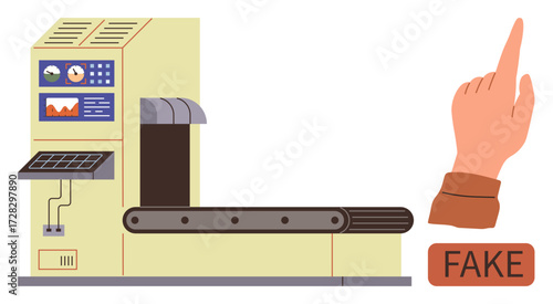 Industrial conveyor belt with control panel rejects product labeled Fake upon inspection. Ideal for quality check, manufacturing process, automation, fake detection, industry, efficiency, simple flat