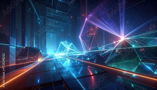 Wallpaper Mural A vibrant, futuristic interior showcases a dynamic array of glowing lines and geometric shapes, bathed in a spectrum of radiant colors. Torontodigital.ca