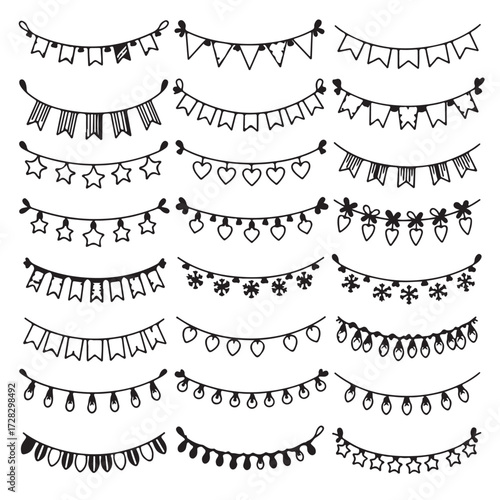 Doodle garland vector. Hand-drawn birthday party flags and holiday pennants, sketch-style carnival garlands with string lights. Festive Christmas bunting decoration and decorative border. Isolated vec