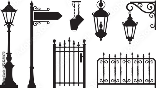 Ornate Street Elements Silhouette Collection Lamp Post Sign Gate Fence Isolated on Transparent Backdrop