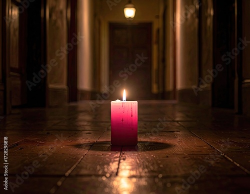 Wallpaper Mural A single, warm pink candle illuminates a dimly lit hallway, casting gentle shadows on the aged wooden floor. Torontodigital.ca