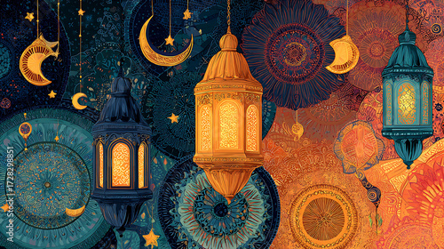 A colorful Ramadan-themed artwork with patterns of moons, stars, and lanterns (1)