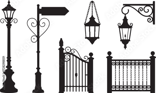 Elegant Lamp Post and Gate Silhouette Collection Isolated on Transparent Backdrop for Urban Scenes